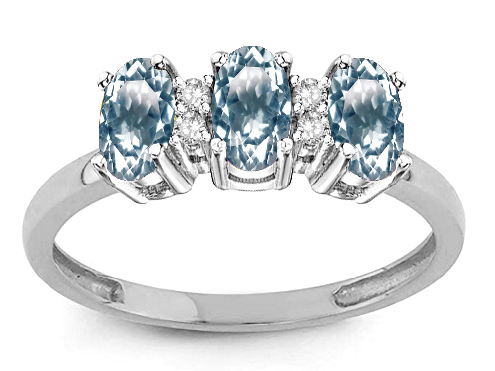 Star K Simulated Aquamarine 3 Three Oval Stones Promise Ring Wedding Band