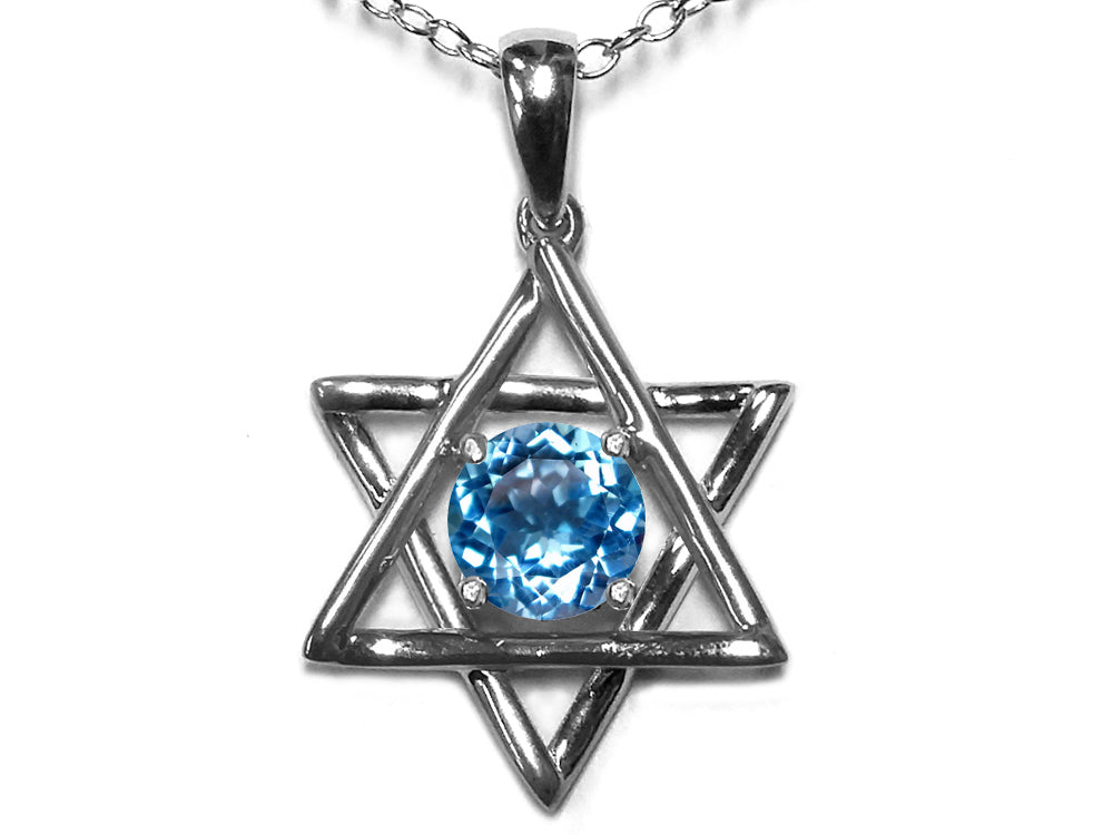 Star K Jewish Star of David Pendant Necklace with Round Genuine Blue Topaz
