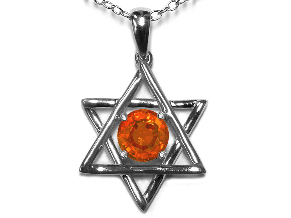 Star K Jewish Star of David Pendant Necklace with Round Simulated Orange Mexican Fire Opal