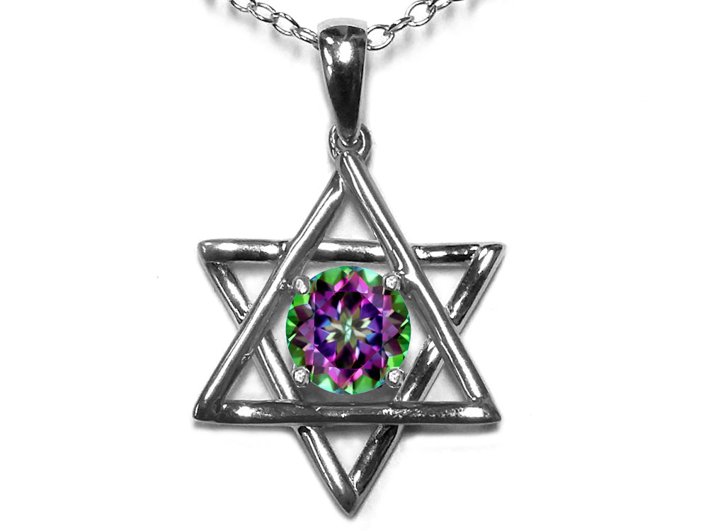 Star K Jewish Star of David Pendant Necklace with Round Rainbow Mystic Topaz