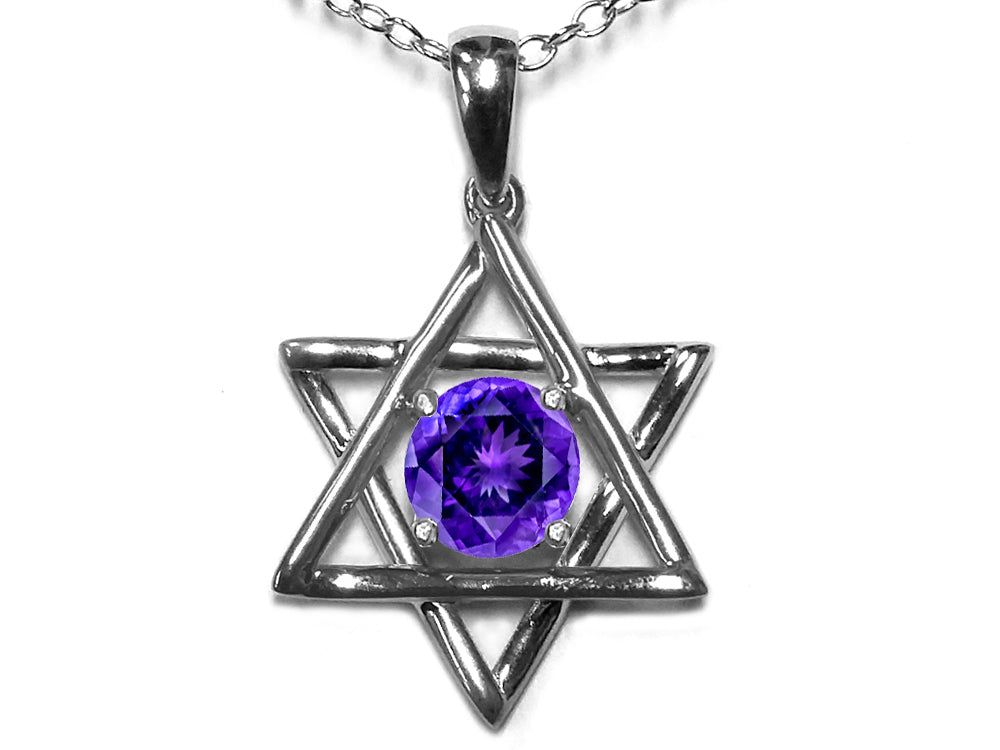Star K Jewish Star of David Pendant Necklace with Round Genuine Amethyst