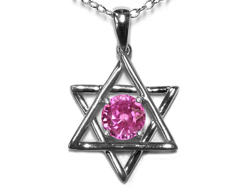 Star K Jewish Star of David Pendant Necklace with Round Created Pink Sapphire