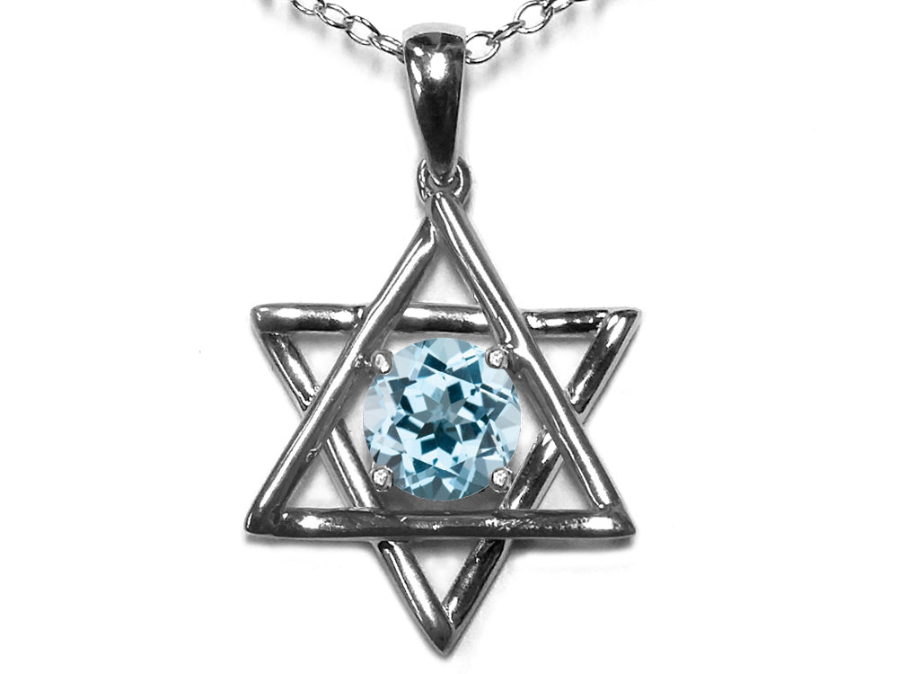 Star K Jewish Star of David Pendant Necklace with Round Simulated Aquamarine
