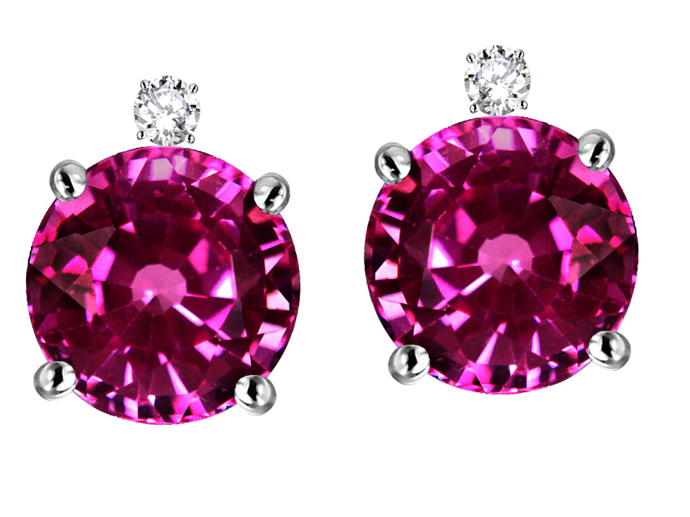 Star K Round 7mm Simulated Pink Tourmaline Stud Earrings with Accent Stone on Top