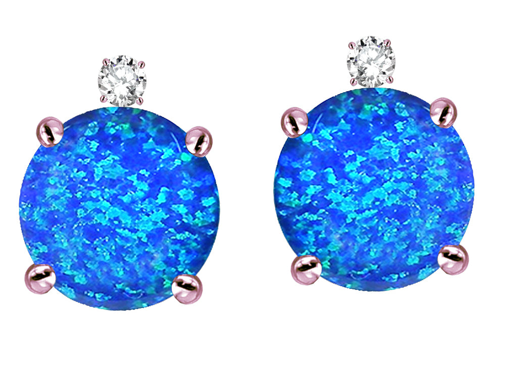 Star K Round 7mm Created Blue Opal Stud Earrings with Accent Stone on Top