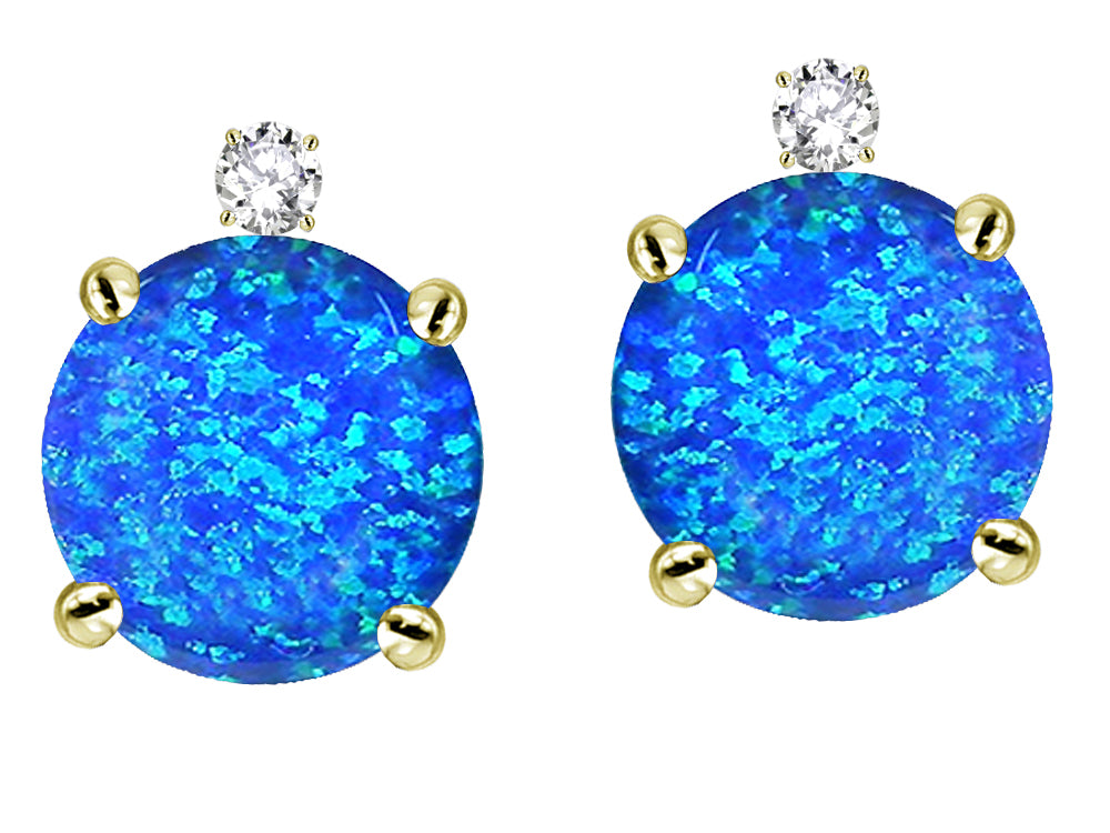 Star K Round 7mm Created Blue Opal Stud Earrings with Accent Stone on Top