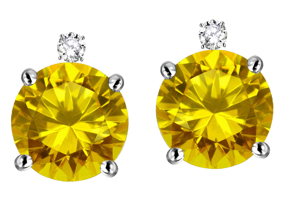 Star K Round 7mm Genuine Citrine Stud Earrings with Accent Stone on Top