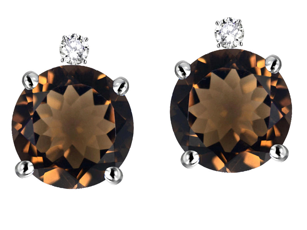 Star K Round 7mm Genuine Smoky Quartz Stud Earrings with Accent Stone on Top