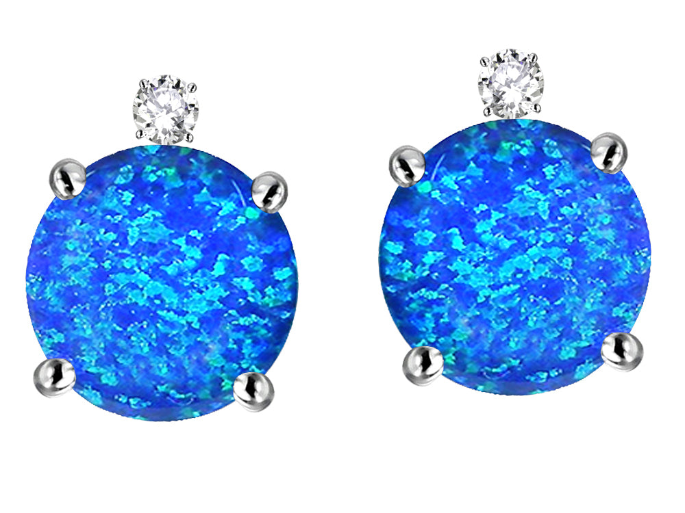 Star K Round 7mm Created Blue Opal Screw Back Stud Earrings with Accent Stone on Top