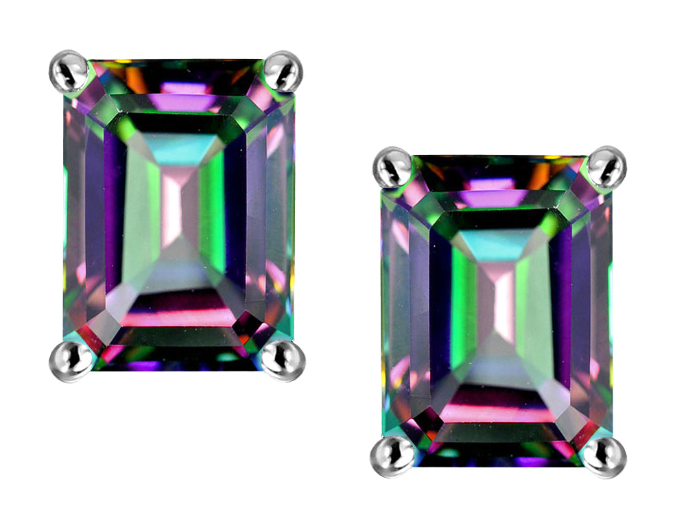 Star K Emerald Cut 8x6mm Rainbow Mystic Topaz Screw Back Earrings Studs
