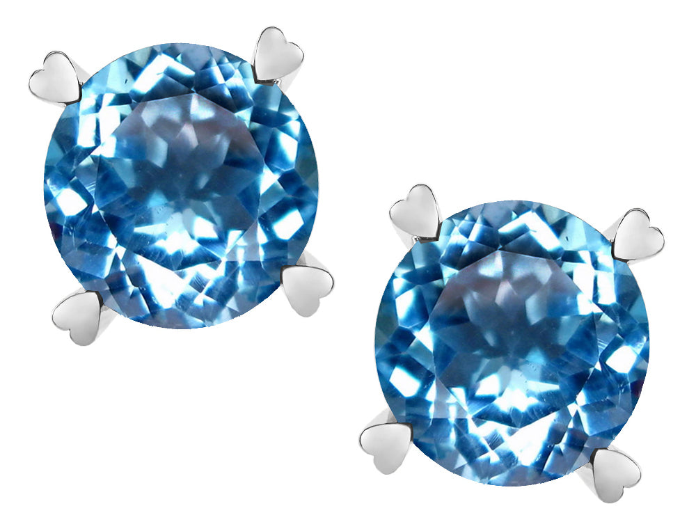 Star K Round 7mm Genuine Blue Topaz Push Back Stud Earrings with Heart Prongs