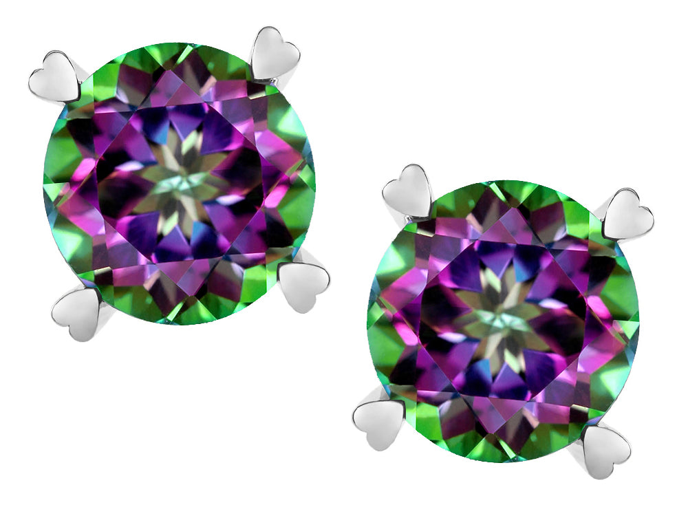 Star K Round 7mm Rainbow Mystic Topaz Push Back Stud Earrings with Heart Prongs