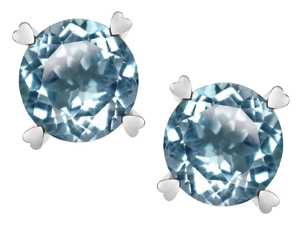 Star K Round 7mm Genuine Sky Blue Topaz Push Back Stud Earrings with Heart Prongs