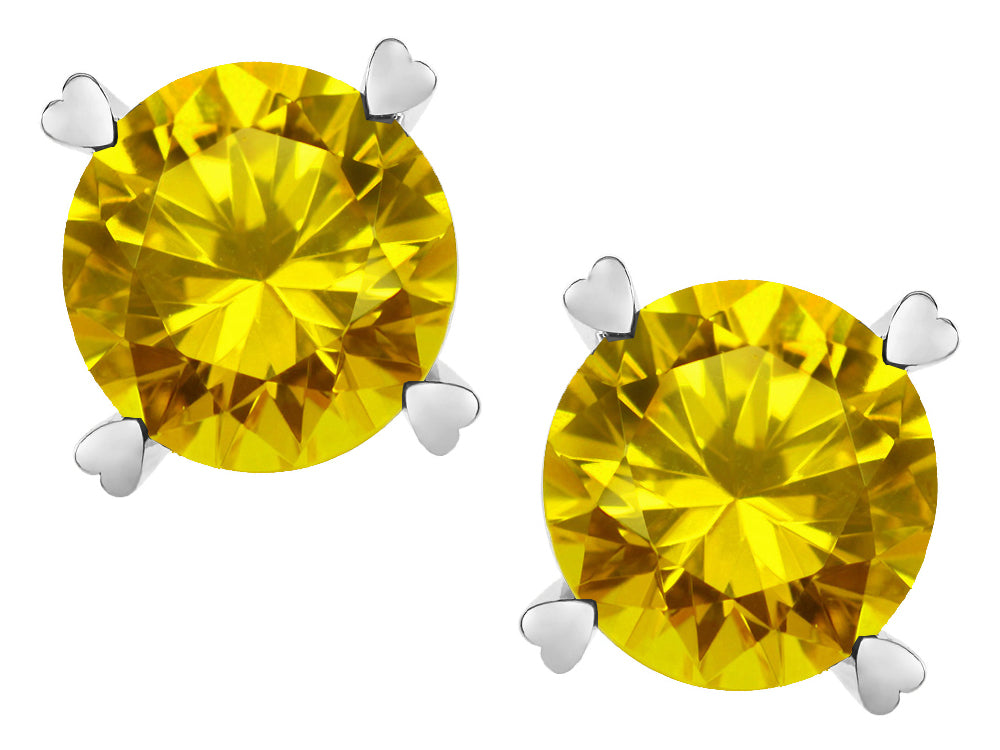 Star K Round 7mm Genuine Citrine Push Back Stud Earrings with Heart Prongs