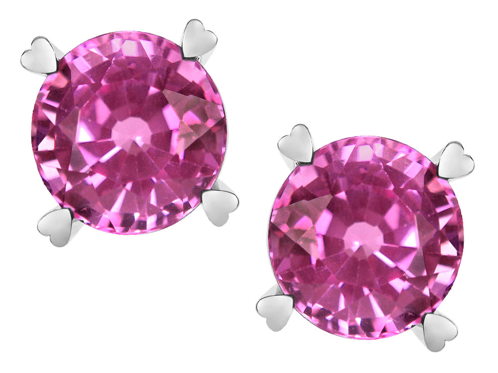 Star K Round 7mm Created Pink Sapphire Push Back Stud Earrings with Heart Prongs