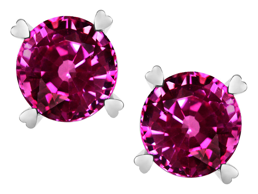 Star K Round 7mm Simulated Pink Tourmaline Push Back Stud Earrings with Heart Prongs