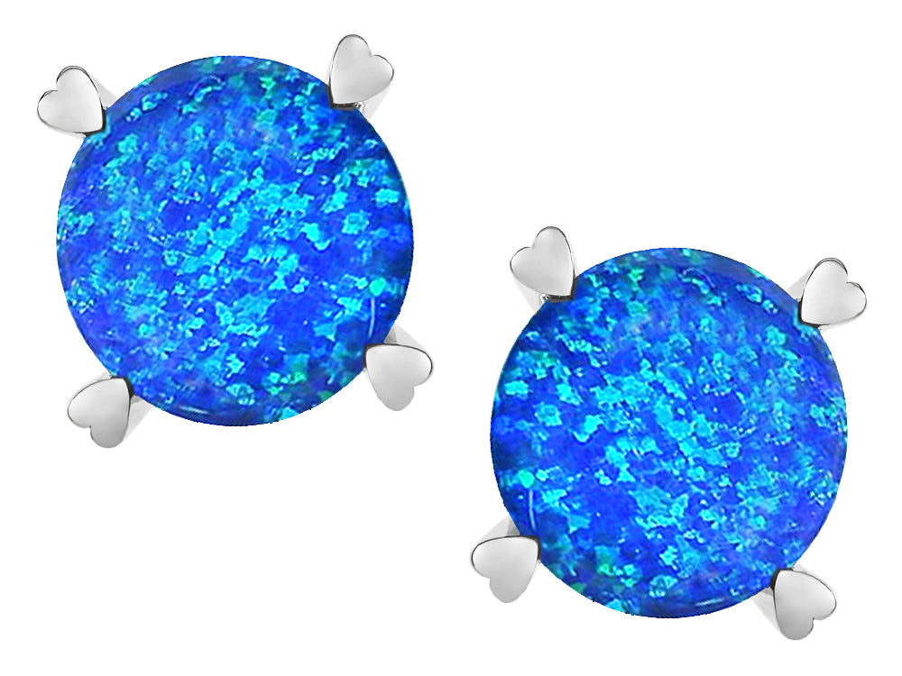 Star K Round 7mm Created Blue Opal Push Back Stud Earrings with Heart Prongs