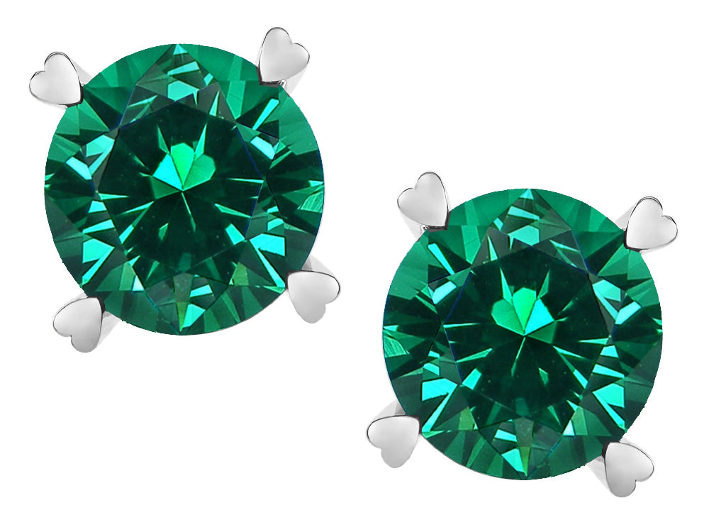 Star K Round 7mm Simulated Emerald Push Back Stud Earrings with Heart Prongs