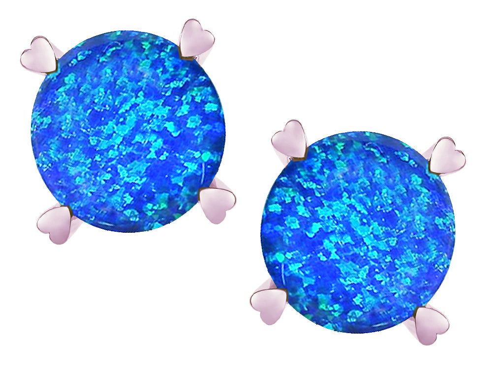 Star K Round 7mm Created Blue Opal Screw Back Stud Earrings with Heart Prongs