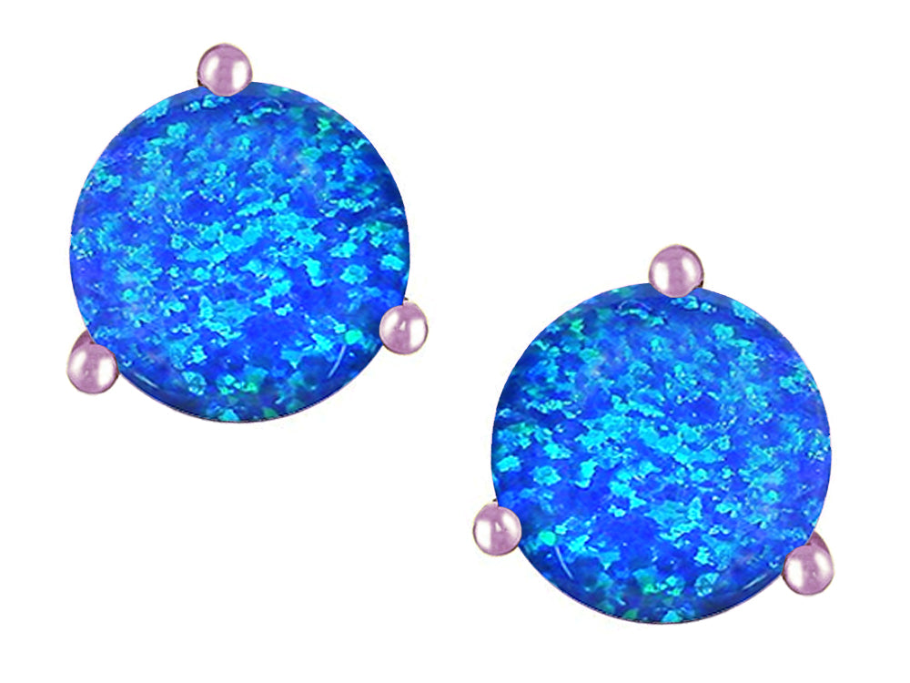 Star K Round 6mm Created Blue Opal Three 3 prong Martini push back Stud earrings