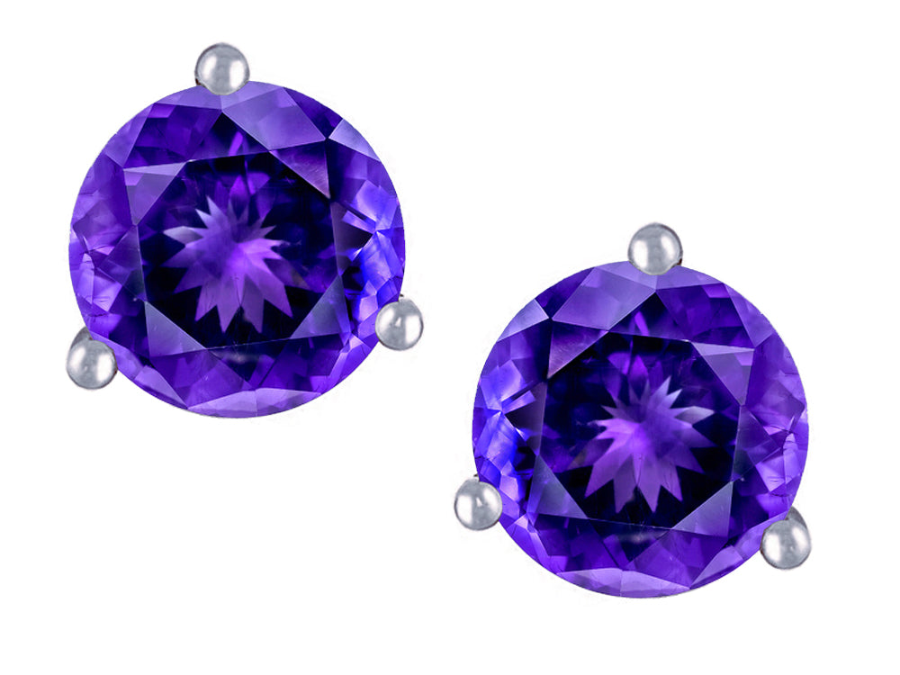 Star K Round 7mm Genuine Amethyst Three 3 prong Martini push back Stud earrings