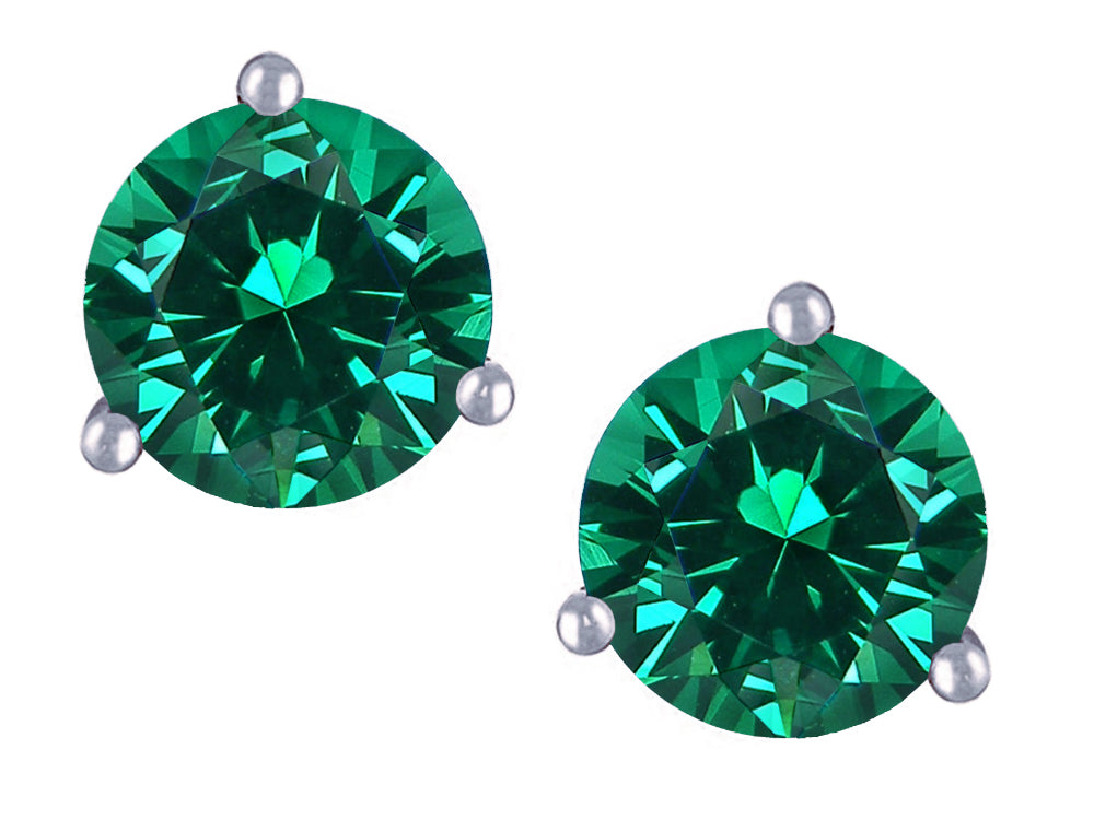 Star K Round 7mm Simulated Emerald Three 3 prong Martini push back Stud earrings