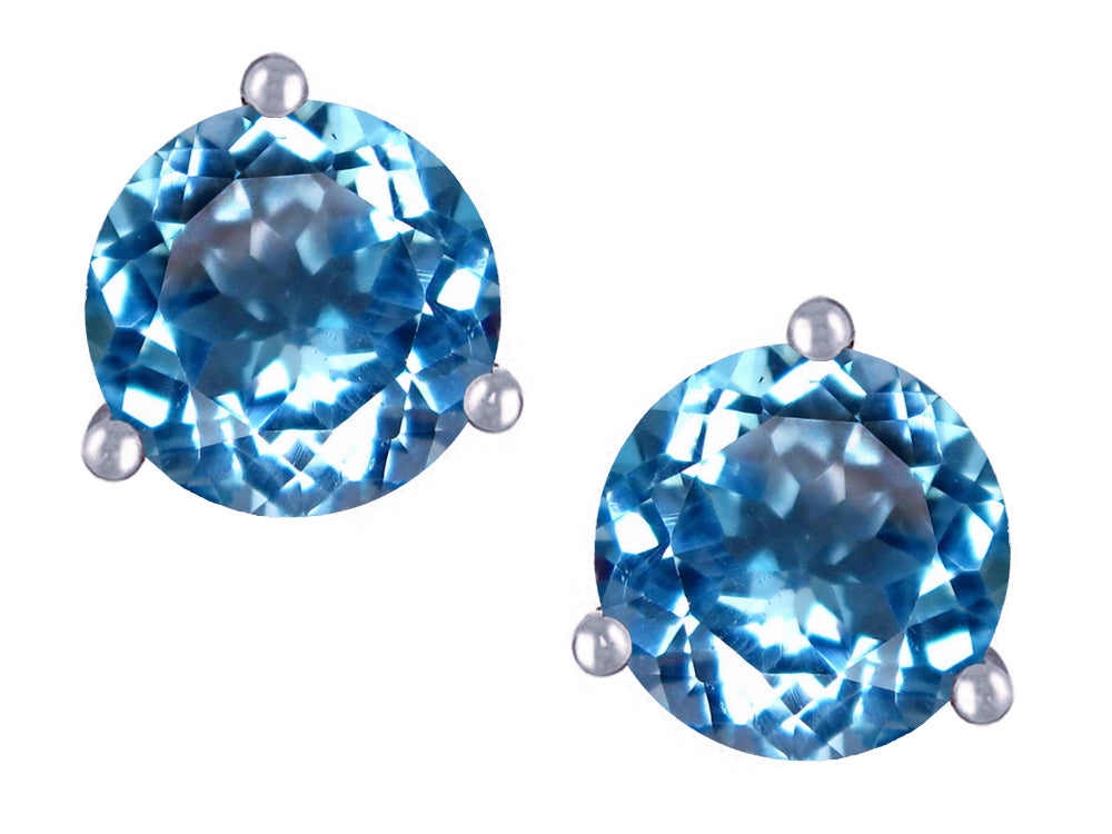 Star K Round 7mm Genuine Blue Topaz Three 3 prong Martini Screw back Stud earrings