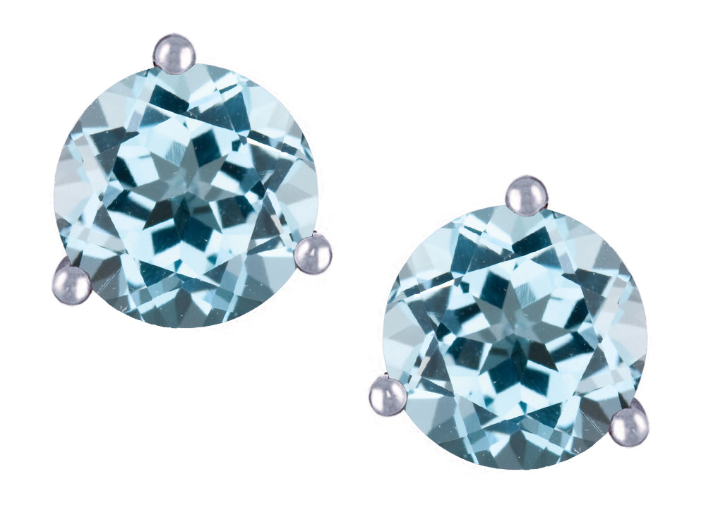 Star K Round 7mm Simulated Aquamarine Three 3 prong Martini Screw back Stud earrings