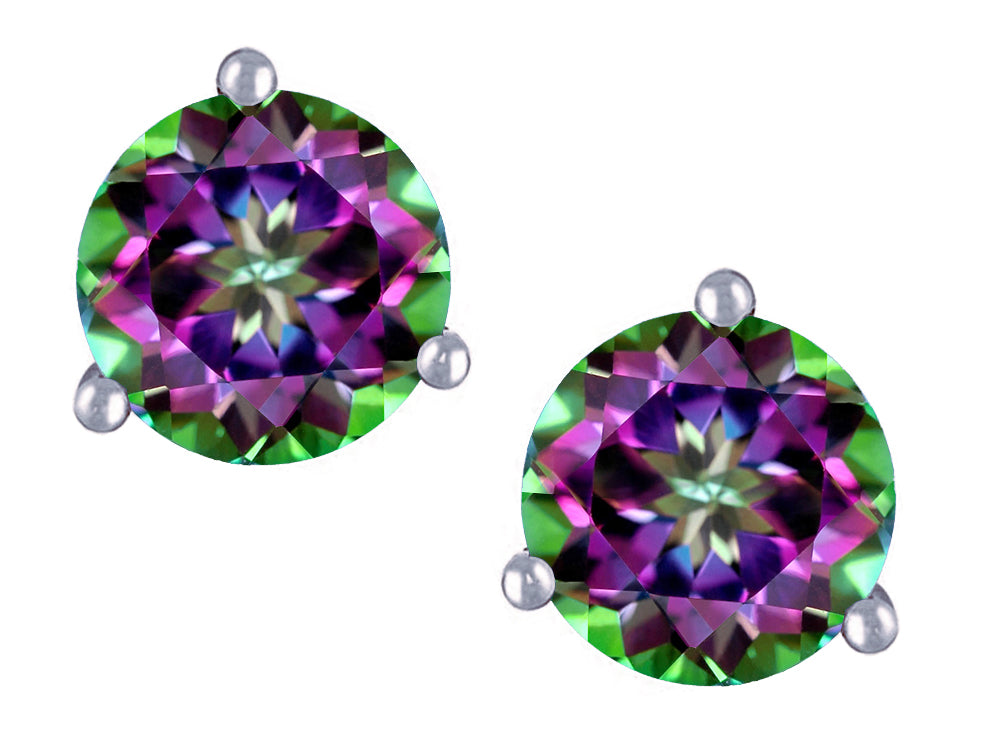 Star K Round 7mm Rainbow Mystic Topaz Three 3 prong Martini Screw back Stud earrings