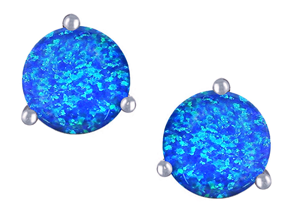 Star K Round 7mm Created Blue Opal Three 3 prong Martini Screw back Stud earrings