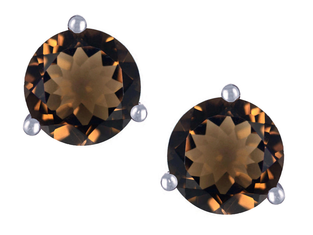 Star K Round 7mm Genuine Smoky Quartz Three 3 prong Martini Screw back Stud earrings