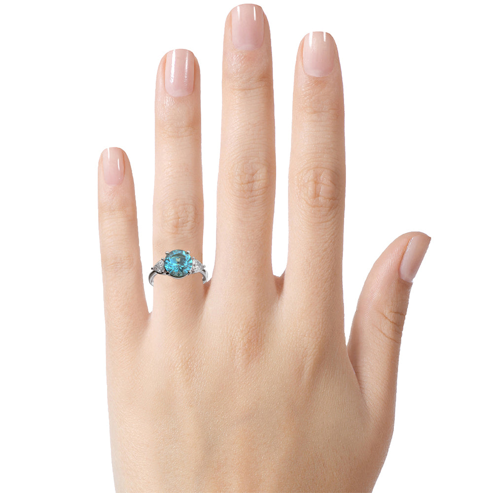 Star K Three 3 Stone 8mm Round Genuine Blue Topaz Trillion Engagement Promise Comfort fit Ring