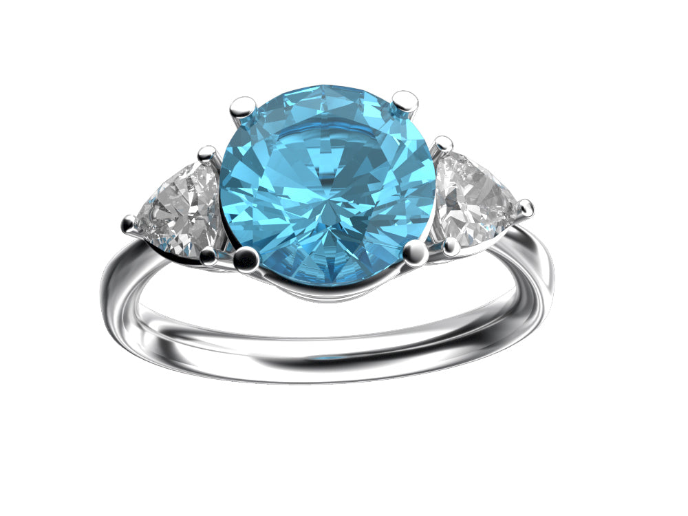 Star K Three 3 Stone 8mm Round Genuine Blue Topaz Trillion Engagement Promise Comfort fit Ring