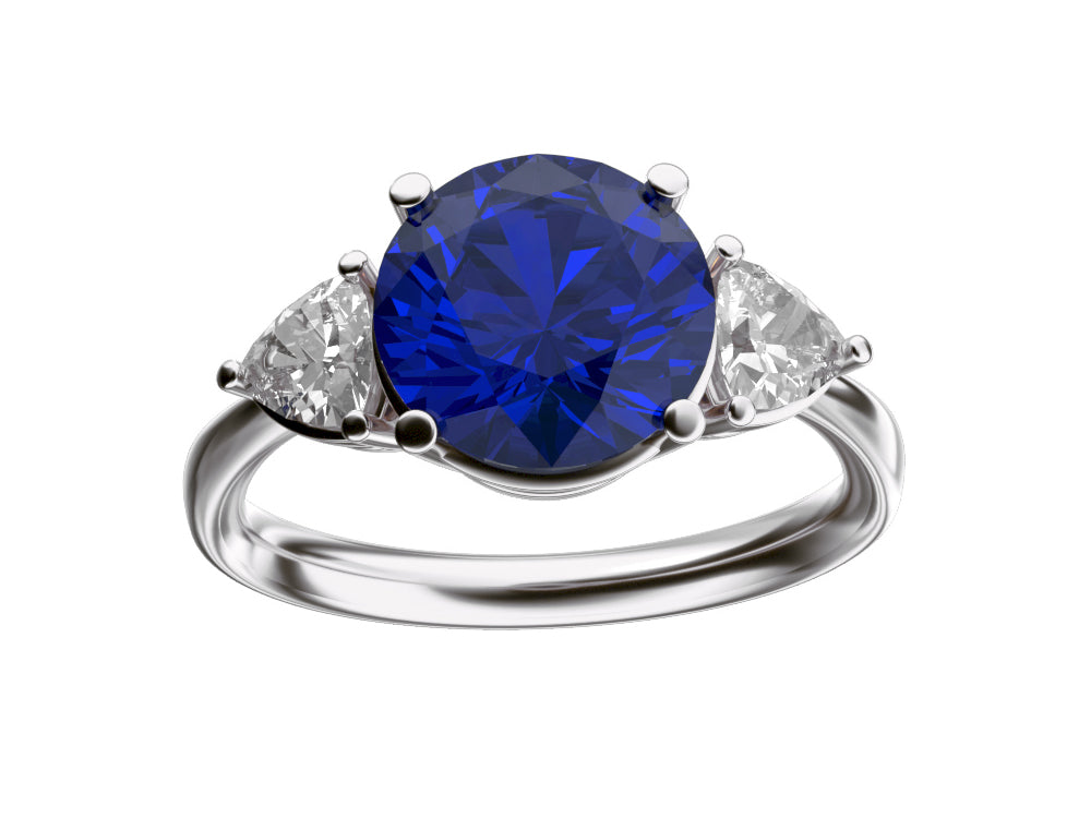 Star K Three 3 Stone 8mm Round Created Sapphire Trillion Engagement Promise Comfort fit Ring
