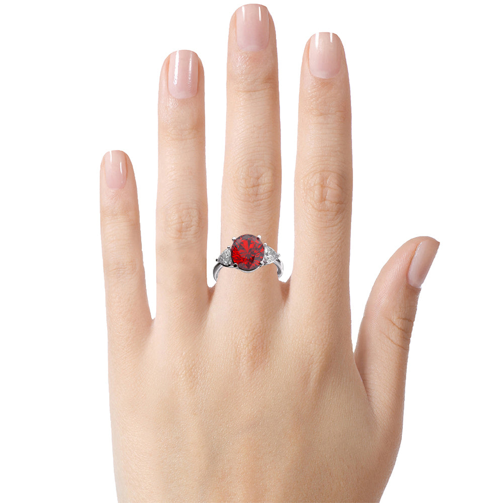 Star K Three 3 Stone 8mm Round Created Ruby Trillion Engagement Promise Comfort fit Ring