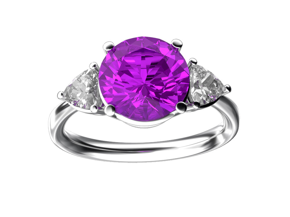 Star K Three 3 Stone 8mm Round Simulated Pink Tourmaline Trillion Engagement Promise Comfort fit Ring