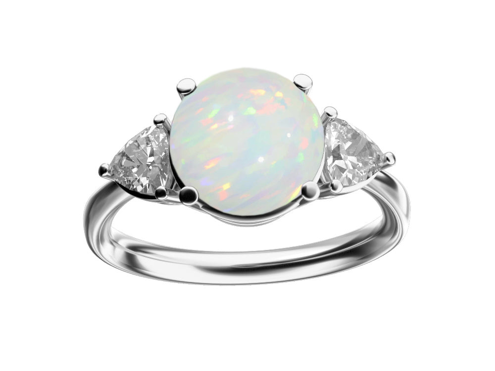 Star K Three 3 Stone 8mm Round Genuine Opal Trillion Engagement Promise Comfort fit Ring