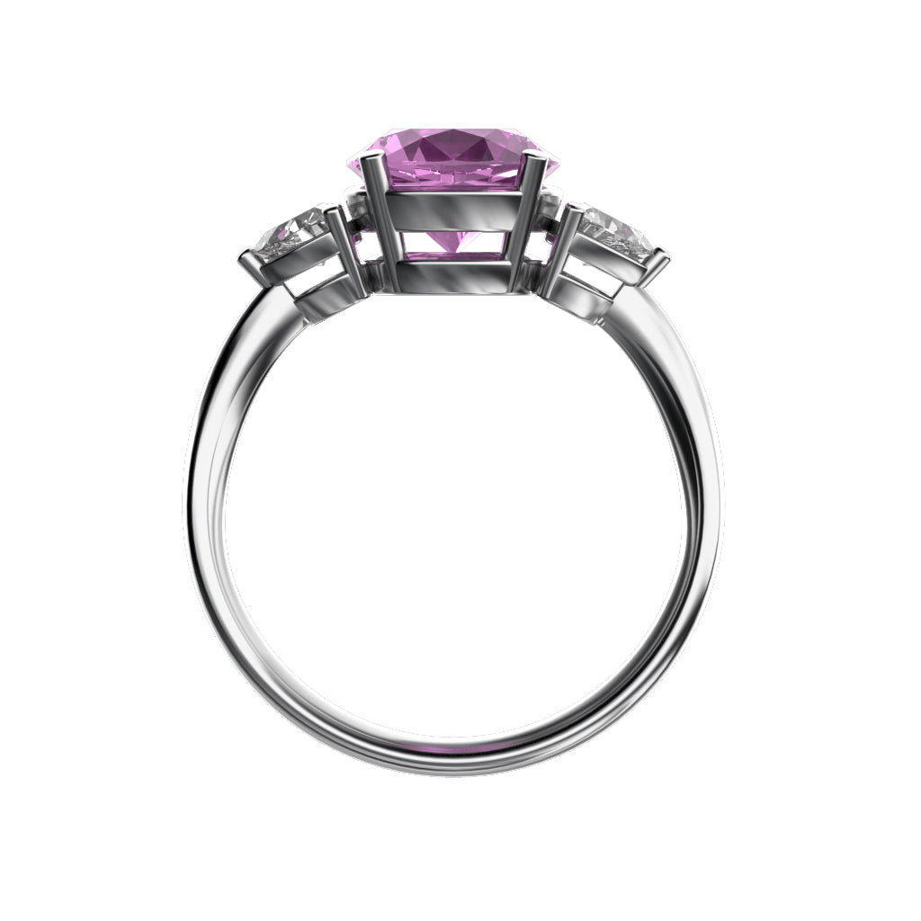 Star K Three 3 Stone 8mm Round Created Pink Sapphire Trillion Engagement Promise Comfort fit Ring