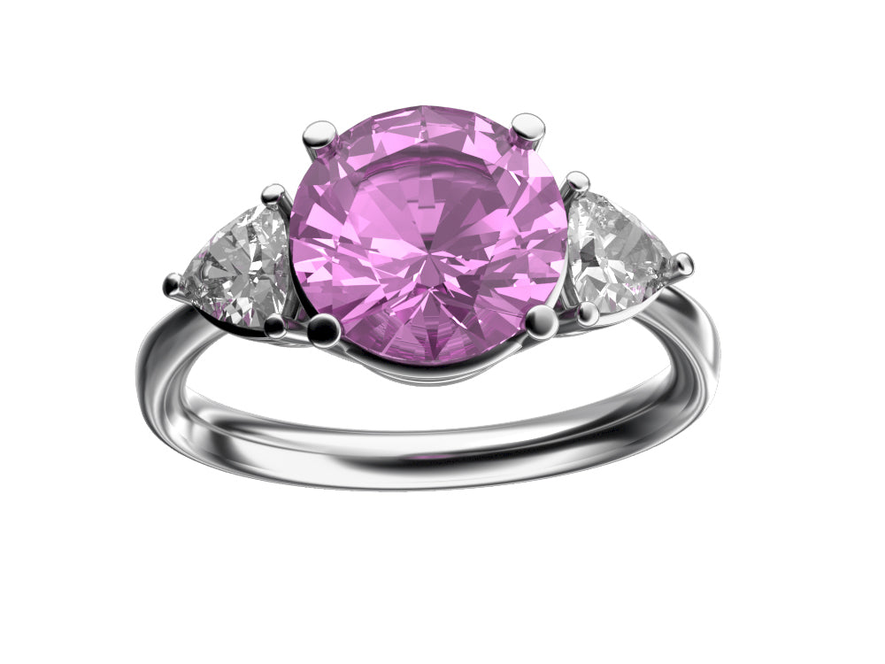 Star K Three 3 Stone 8mm Round Created Pink Sapphire Trillion Engagement Promise Comfort fit Ring