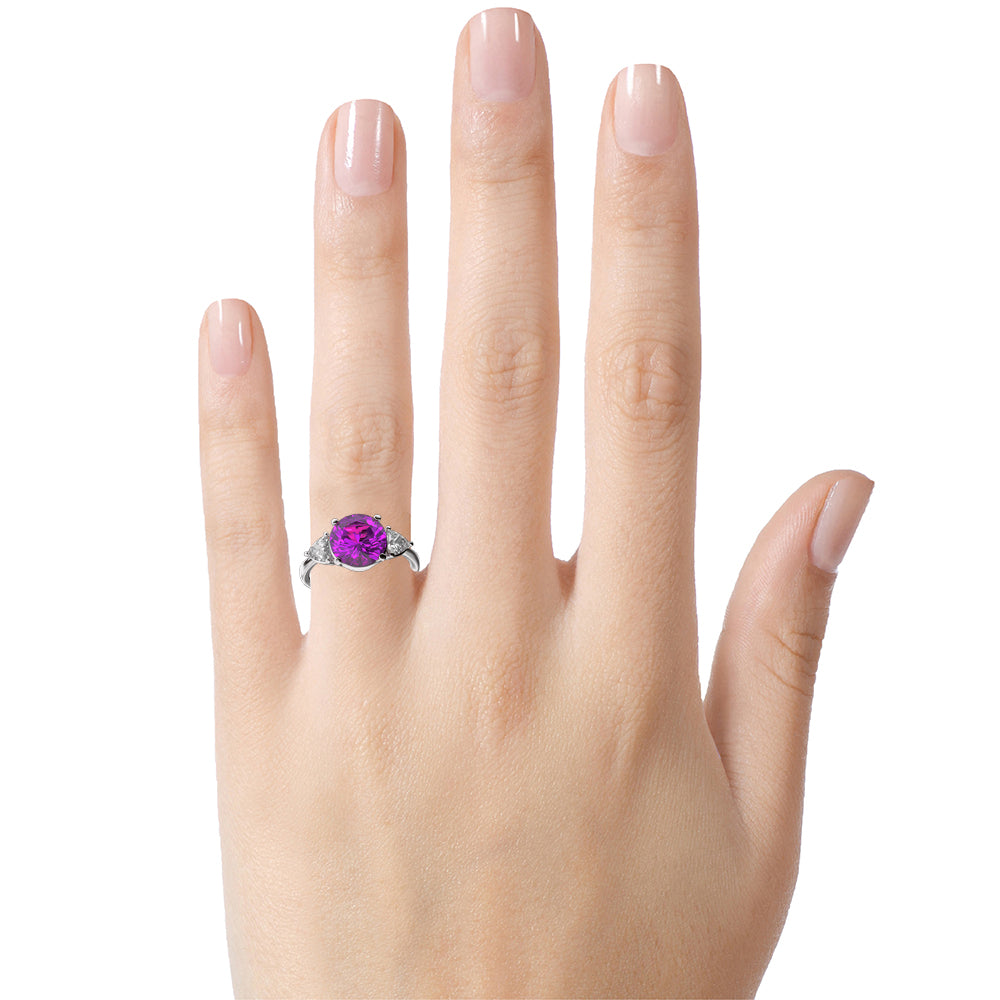 Star K Three 3 Stone 8mm Round Simulated Pink Tourmaline Trillion Engagement Promise Comfort fit Ring