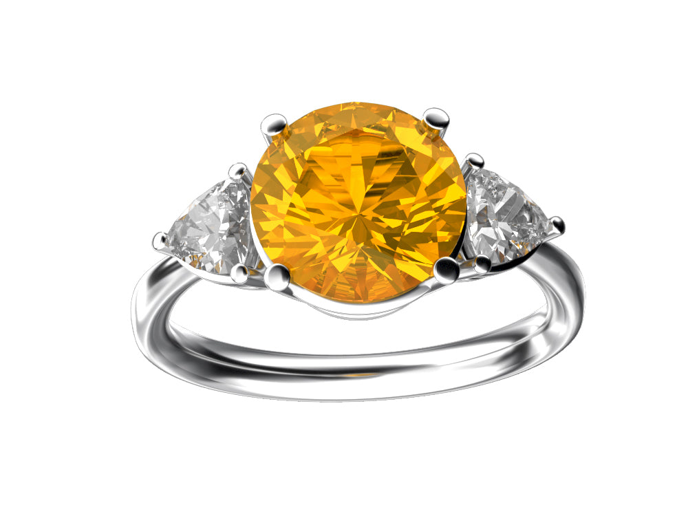Star K Three 3 Stone 8mm Round Simulated Imperial Yellow Topaz Trillion Engagement Promise Comfort Ring