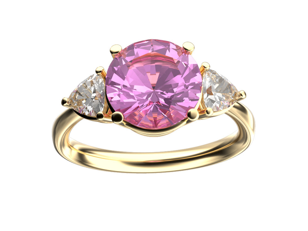 Star K Three 3 Stone 8mm Round Created Pink Sapphire Trillion Engagement Promise Comfort fit Ring