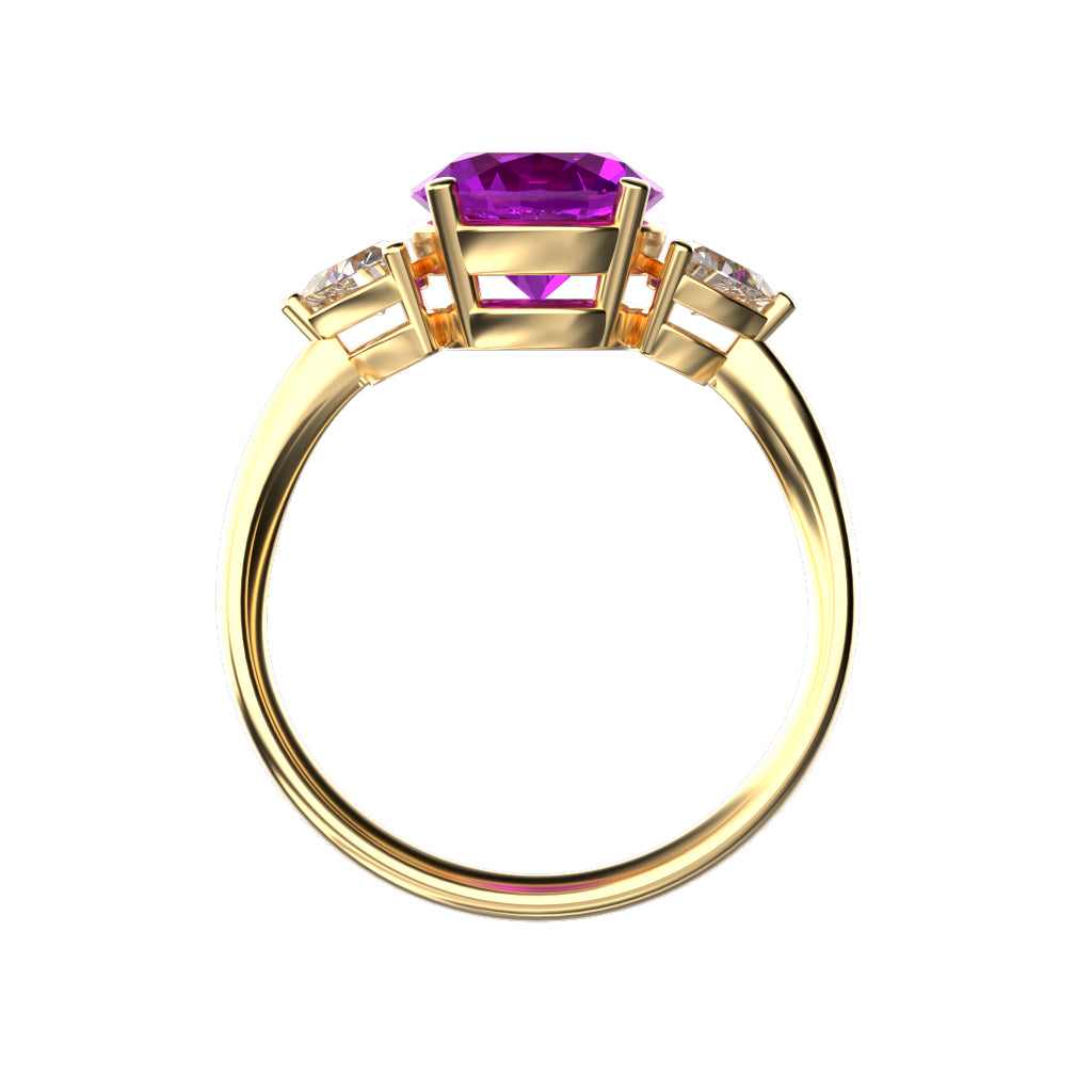 Star K Three 3 Stone 8mm Round Simulated Pink Tourmaline Trillion Engagement Promise Comfort fit Ring