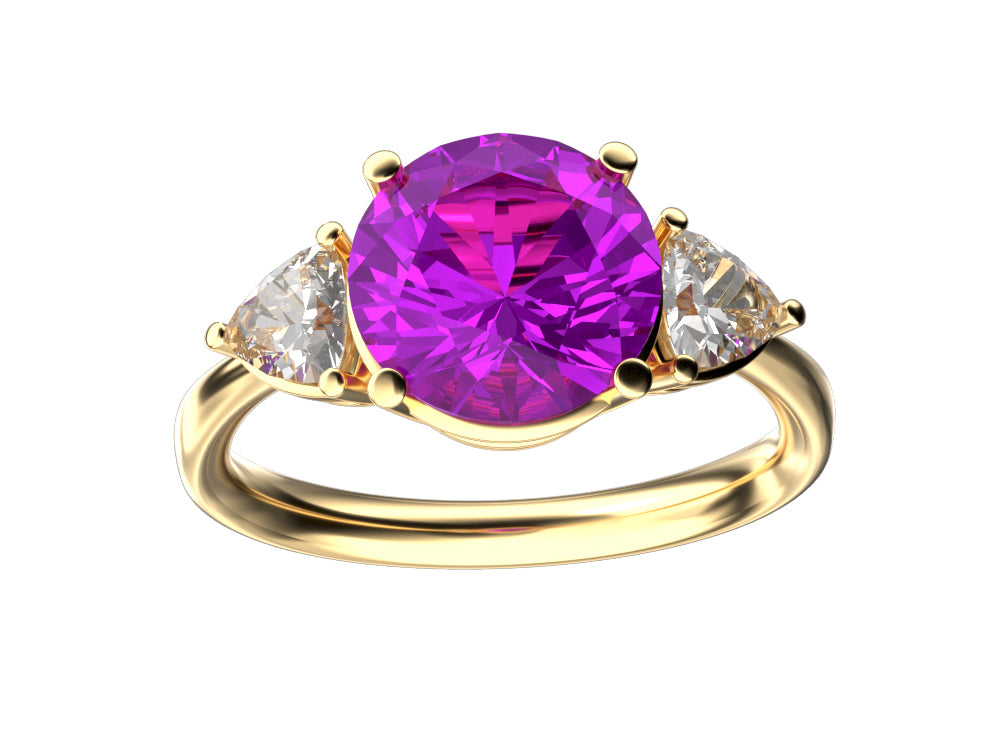 Star K Three 3 Stone 8mm Round Simulated Pink Tourmaline Trillion Engagement Promise Comfort fit Ring