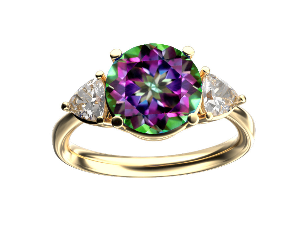 Star K Three 3 Stone 8mm Round Rainbow Mystic Topaz Trillion Engagement Promise Comfort fit Ring