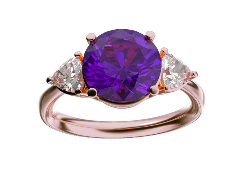 Star K Three 3 Stone 8mm Round Genuine Amethyst Trillion Engagement Promise Comfort fit Ring