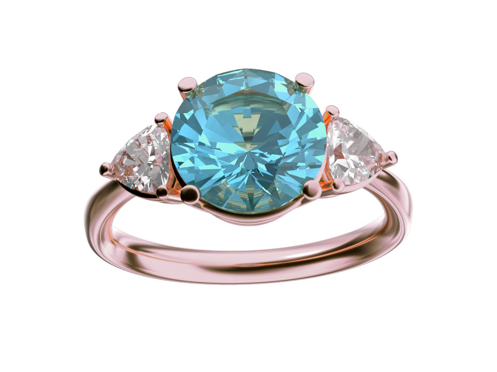 Star K Three 3 Stone 8mm Round Genuine Blue Topaz Trillion Engagement Promise Comfort fit Ring