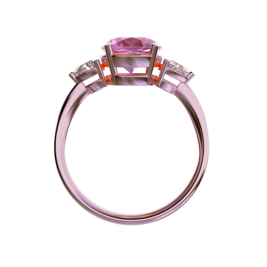 Star K Three 3 Stone 8mm Round Created Pink Sapphire Trillion Engagement Promise Comfort fit Ring