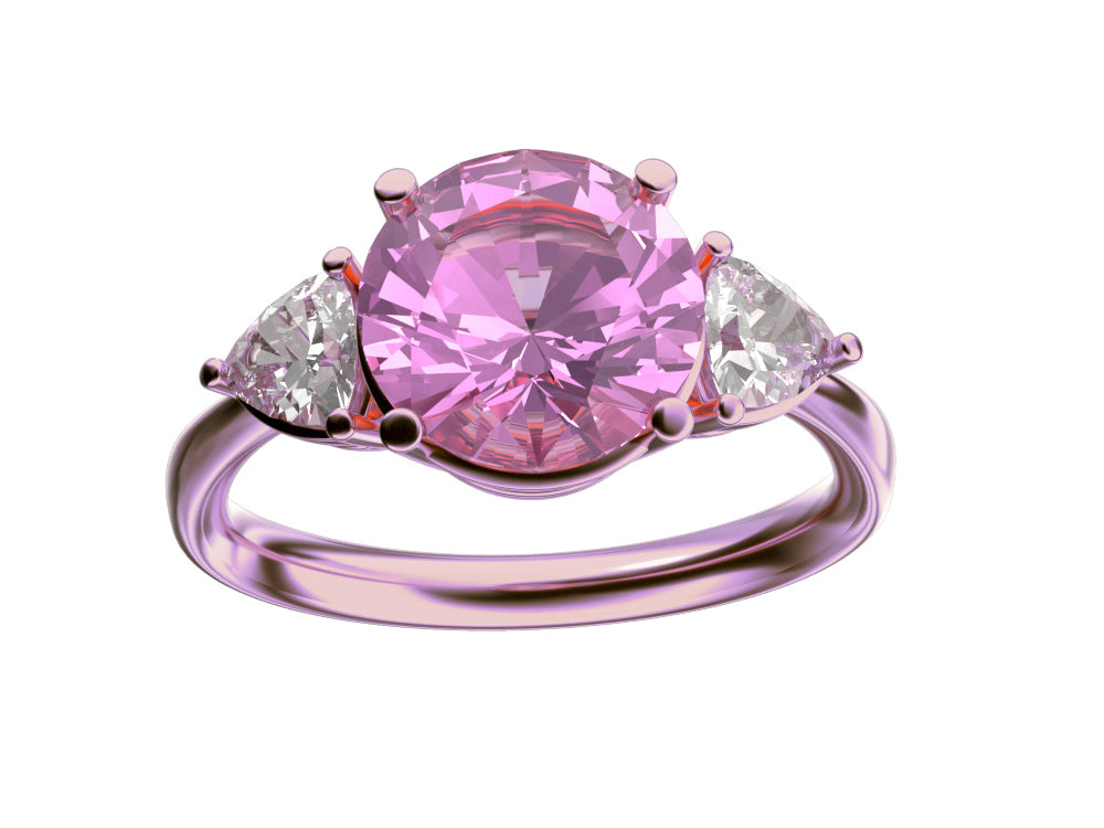 Star K Three 3 Stone 8mm Round Created Pink Sapphire Trillion Engagement Promise Comfort fit Ring