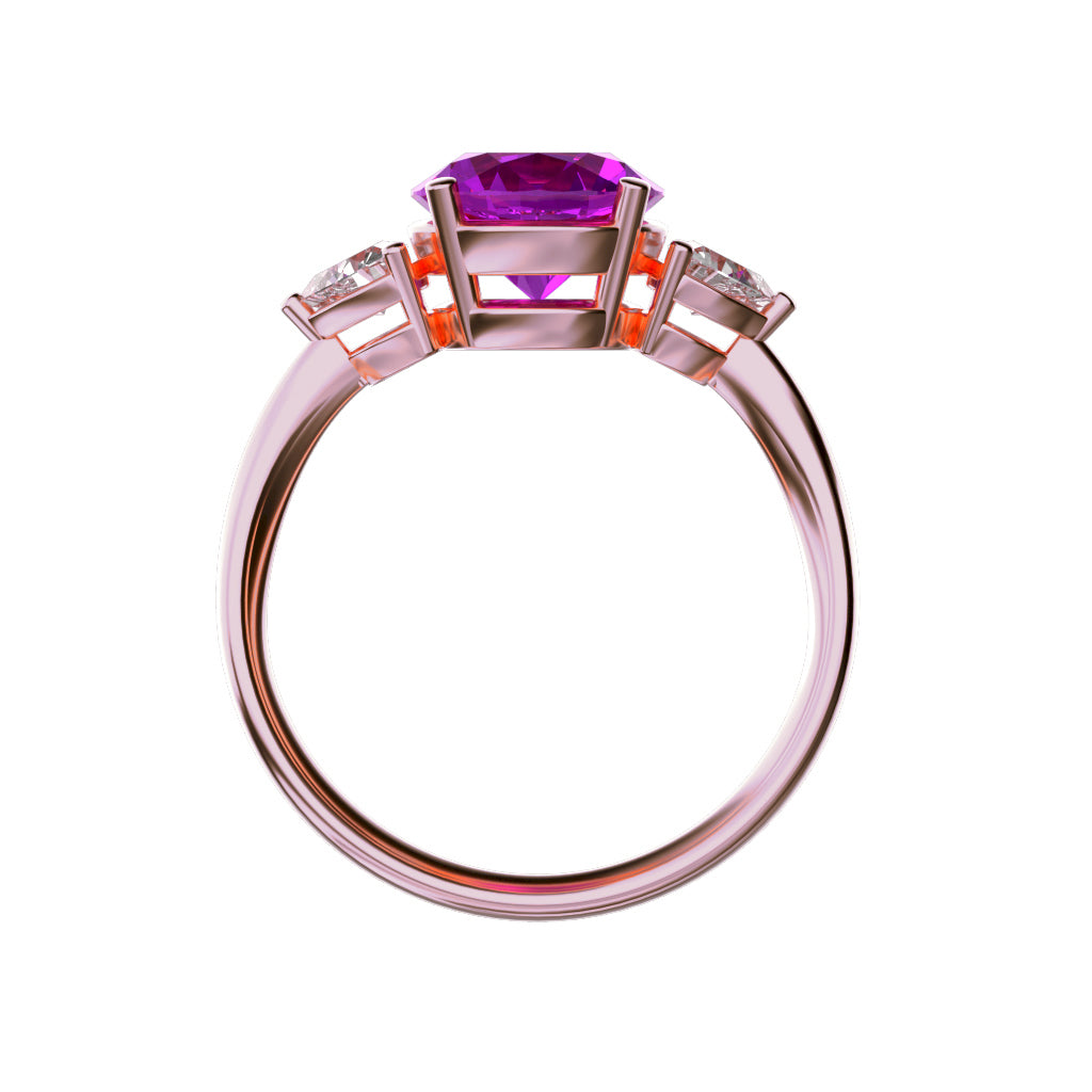 Star K Three 3 Stone 8mm Round Simulated Pink Tourmaline Trillion Engagement Promise Comfort fit Ring